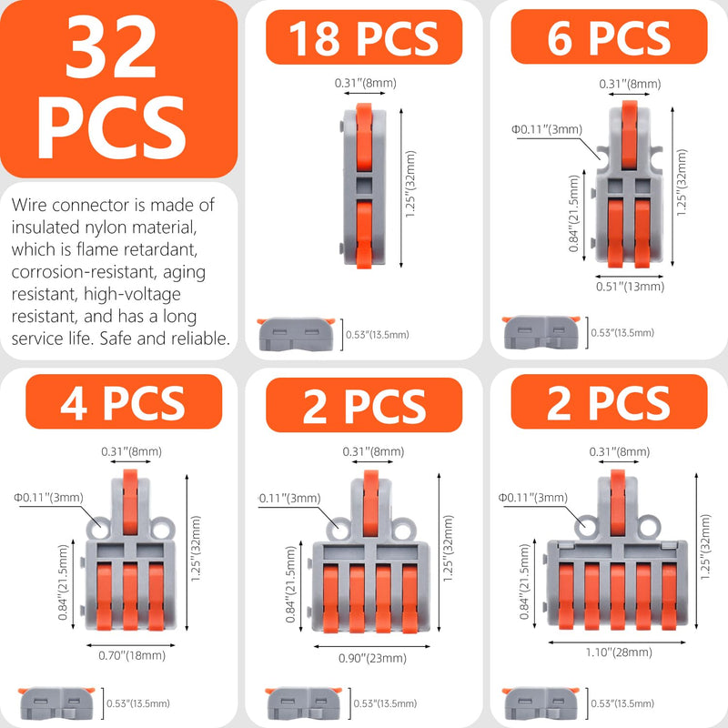 32Pcs Lever Wire Connectors, DIY Mini Compact Splicing Assortment Quick Electrical Connector Kit for 24-12 AWG