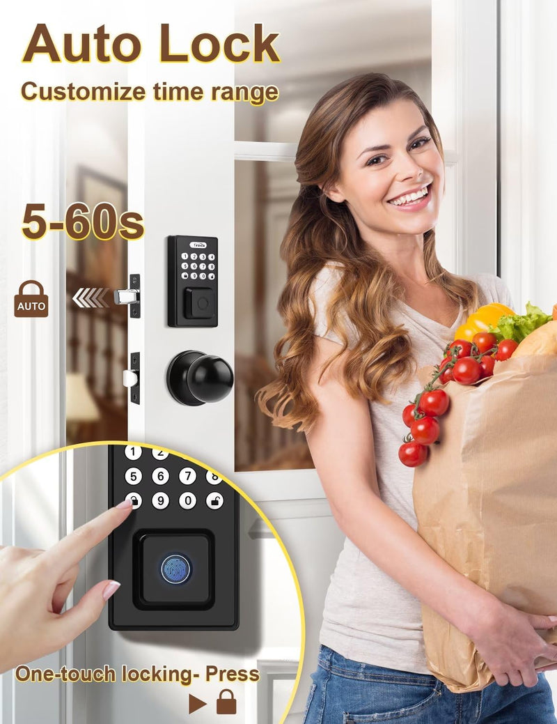 Keyless Entry Door Lock with Door Knobs, Fingerprint Entry Door Handleset, Electronic Digital Keypad Deadbolt with App, Auto Lock & One Touch Locking, Front Smart Door Handle Sets, Black Jet black
