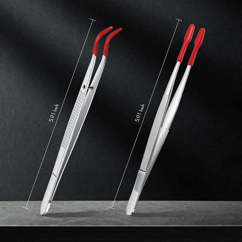 2 Pieces Tweezers with Rubber Tips Set PVC Rubber Coated Tips Bent and Straight Flat Tip Tweezers Stamp Coins Jewelry Hobby Crafts Industrial Electronic Tweezers Tools (Silver, Red) Silver, Red