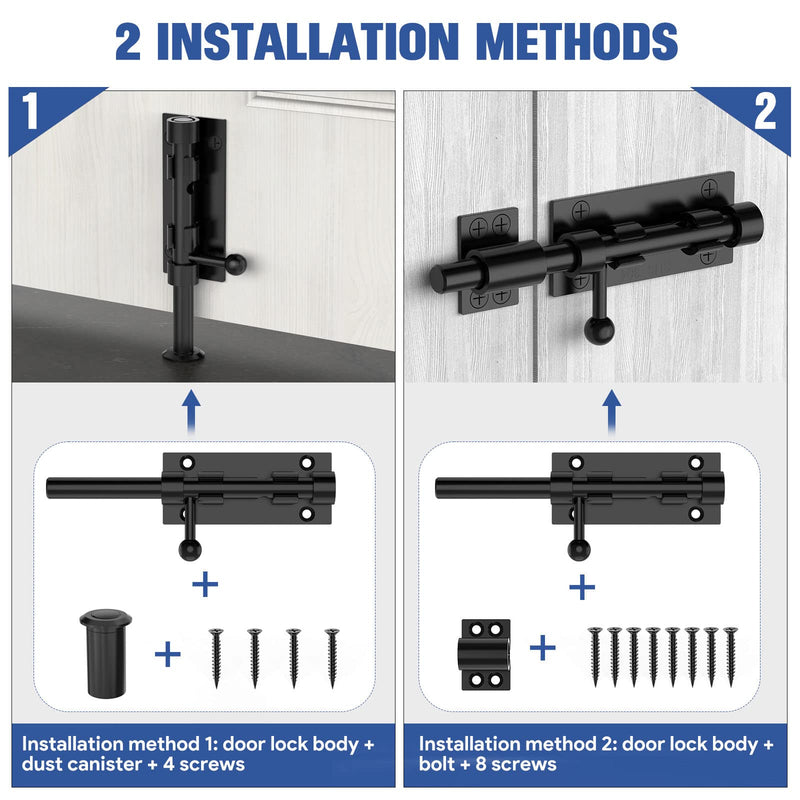 Barrel Bolt Latch, Slide Bolt Gate Latch, 6.3 Inch Heavy Duty Solid 304 Stainless Steel Black Finish Door Lock for Fence/Wooden/Barn Door/Yard Door/Shed Door/Interior Door Latch (2 Pack Black) 2 Pack Black