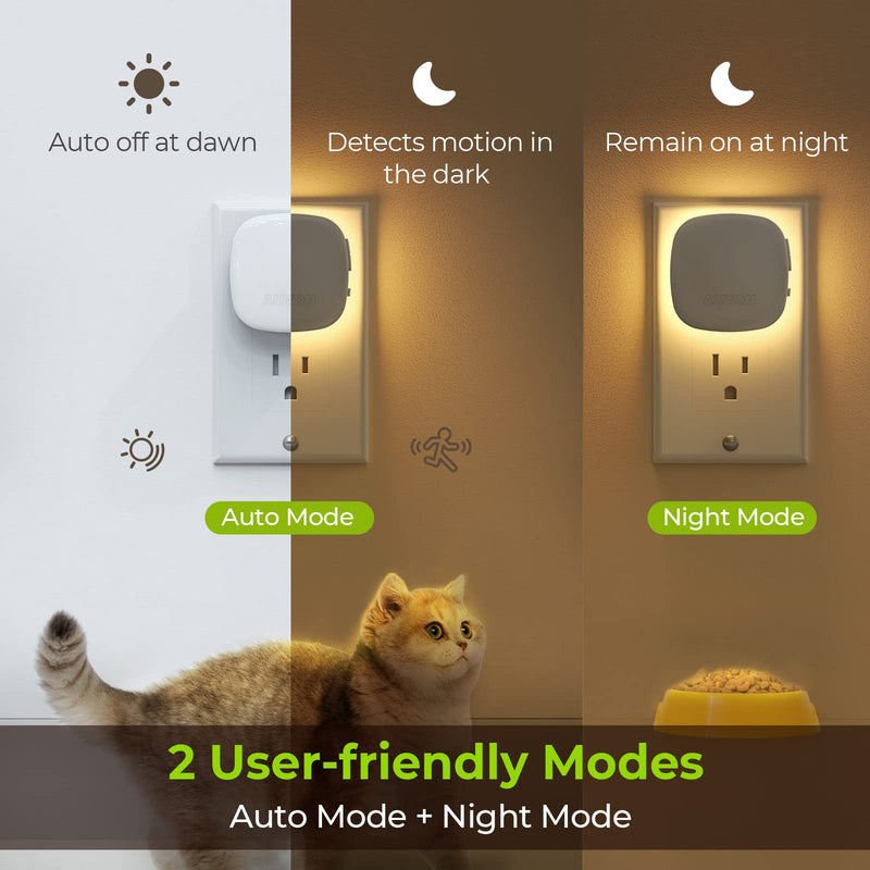 AUVON Plug-in LED Backlit Night Light with Motion Sensor & Dusk to Dawn Sensor, Dimmable Warm White Nightlight with 1-50 lm Adjustable Brightness for Bedroom, Bathroom, Stairs, Hallway (4 Pack) A Warm White