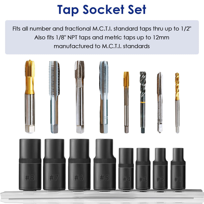Feekoon 8 Pack Tap Socket Set, 1/4" and 3/8" Drive Tap Socket Adapter Fits all MCTI Standard and Fractional Threads up to 1/2", 1/8" NPT Threads and Metric Threads up to 12mm, with Iron Holder
