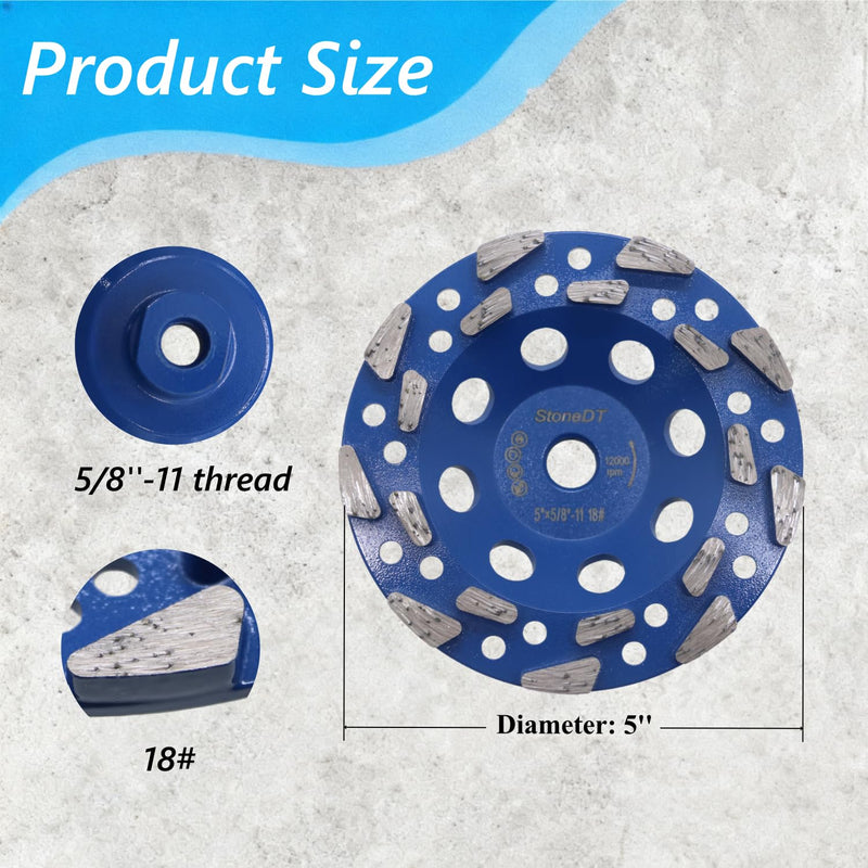 Diamond Grinding Cup Wheel, 5’’ High Performance Concrete Grinding Wheel for Marble Granite Thin Epoxy Coating Removal, 5/8"-11 Arbor, 18/20 Grit, 18 Segment 5''