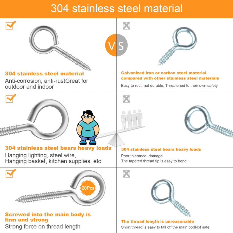 20pcs 2” 304 Stainless Screw Eyes Small Eyelet Screws Lag Eyebolt Steel Heavy Duty Hook Duty Lag Thread Eyebolt (20 pcs 2") 20 pcs 2"