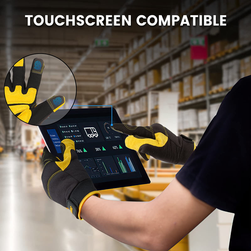 JUMPHIGH Mens Work Gloves, Synthetic Leather Mechanic Gloves Utility Gloves, Touchscreen Working Gloves for Multipurpose, Construction, Warehouse, Truck Driving(Yellow/L) Large Yellow