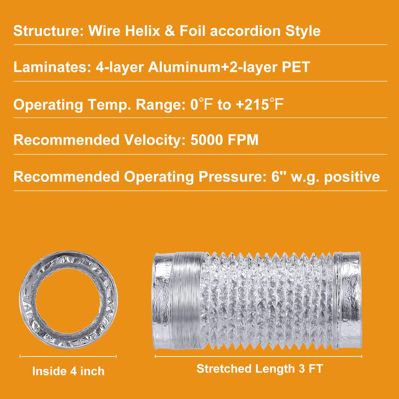 Heavy Duty 4"Flexible Dryer Vent Exhaust Duct Hose 3 Feet for Tight Space, Extra Thick(6-ply) Aluminum Foil Ducting Kit with 2 Key Hose Clamps 4 inch 3 Feet