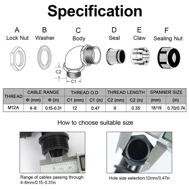 LeMotech M12 Cable Gland, 90 Degree Adjustable 4-8mm Strain Relief, Cord Connectors Nylon Joints with Gaskets, 2 Pcs, Black M12-2pc