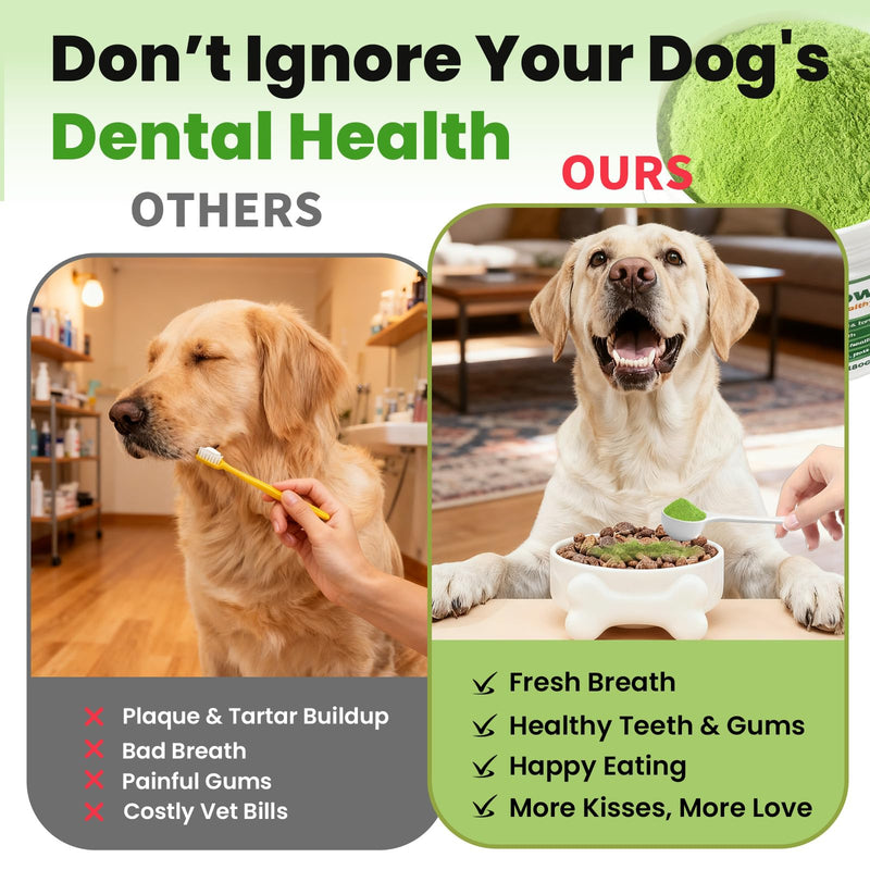 Dog Dental Powder for Dogs Teeth Cleaning Powder Probiotic Dental Care Supplement for Pet Dog Breath Freshener, with Brown Algae, Plaque Tartar Remover, Fresh Breath, Sensitive Stomach Support