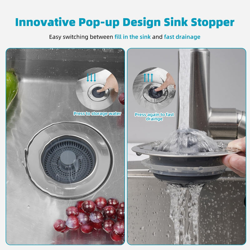 Hibbent 3 in 1 Kitchen Sink Drain Strainer, Stainless Steel Wrapped Shell Drain Stopper Combo, Pop Up Sink Stopper, Anti-Clogging Basket Strainer with Handle for US Standard 3-1/2" Drain Flat Round Handle with 1 Strainer