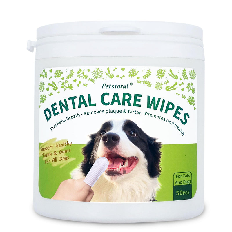 Petstoral Dental Care Wipes for Dogs and Cats, 50 Count, Teeth and Gum Cleaning, Plaque and Tartar Removal Medium（50 Ct）