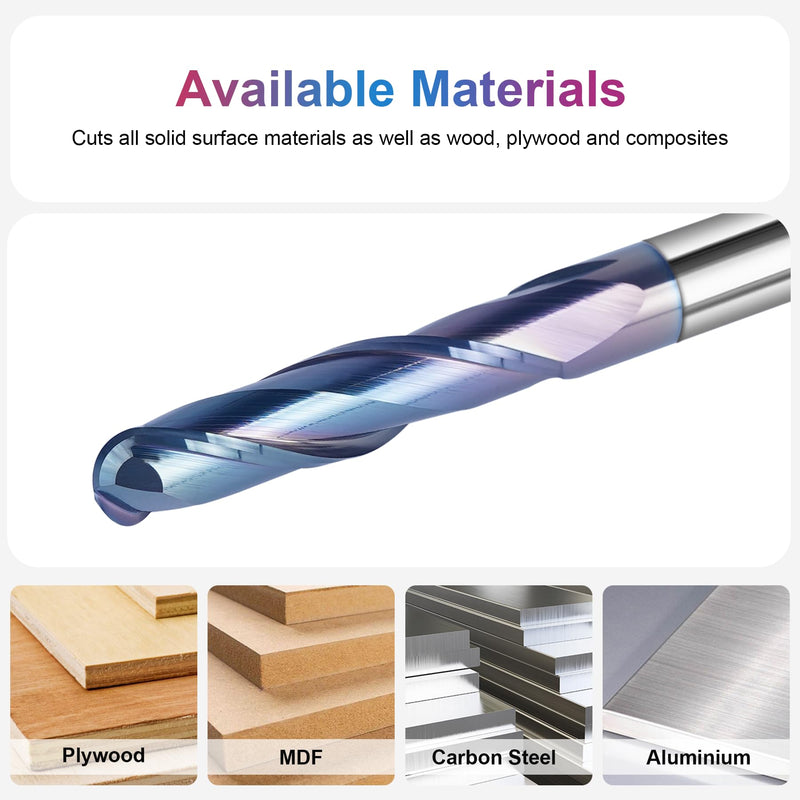 SpeTool Ball Nose CNC Spiral Router Bits, Double Flutes Carbide End Mill 1/4 Inch Shank with TAC Coating, 3 inch Over Length 1/4" Dia -1-1/8" CL - 1/4" Shank