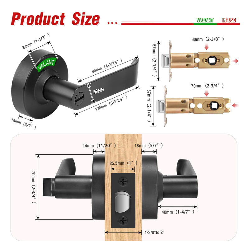 Bathroom Indicator Privacy Door Lock, Vacant Occupied Bathroom Lock, Large Vacant or in-Use Door Handle for All Women Men Restrooms, Ansi Grade 2 Commercial Grade, Black Matte Black