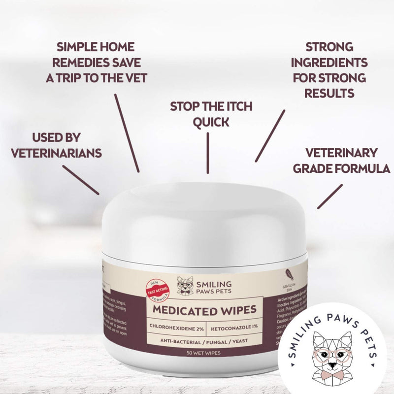 Advanced+ Medicated Antibacterial & Antifungal Wipe For Dogs & Cats – Contains Ketoconazole & Chlorhexidine - Dog Skin Yeast Infection Treatment - For Ringworm, Pyoderma, Bacteria & Fungus. 50 pads 1 x 50 Wipes - PawsPlanet Australia
