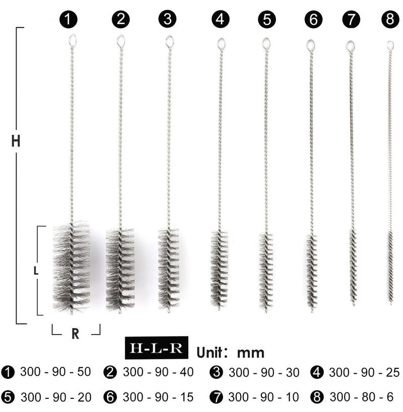 12 Inch Pipe Cleaning Brush Set with Stainless Steel Bristles, Tube Bottle Brush Kit, 8 Sizes for Auto Parts, Bottles, Guns, Tubes, Etc.