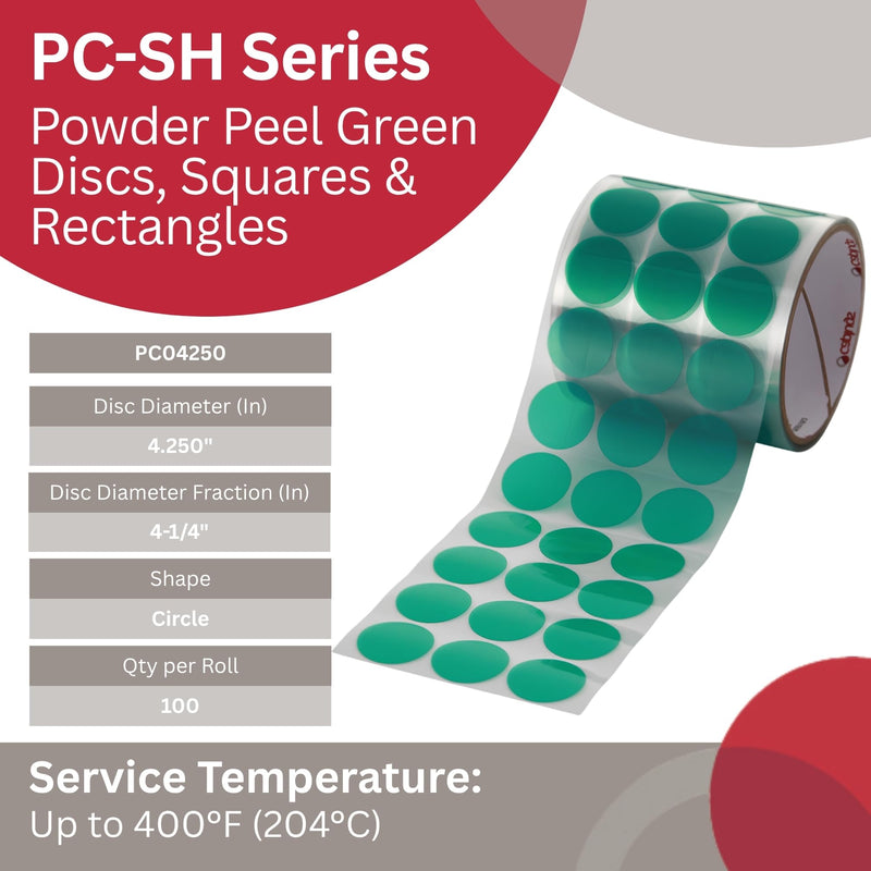 Caplugs PC04250 PC-SH Series - Powder Peel Green Discs, Squares, and Rectangles - Powder Coating, E-Coating, Anodizing, Green Polyester, Circle, 4.250" Disc Diameter, 100 Discs/Roll (SH-47286)