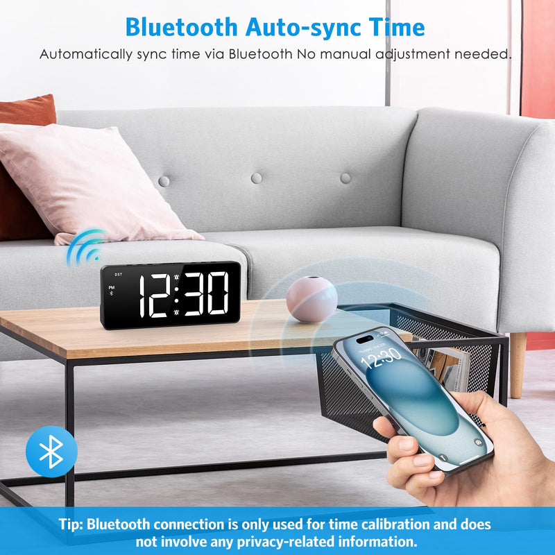 AMIR Alarm Clocks for Bedrooms - Bluetooth Sync Time Alarm Clock, Digital Clock Large Display with USB Charging Port, Dimmable, Adjustable Volume, Snooze, 12/24H, Loud Alarm for Heavy Sleepers