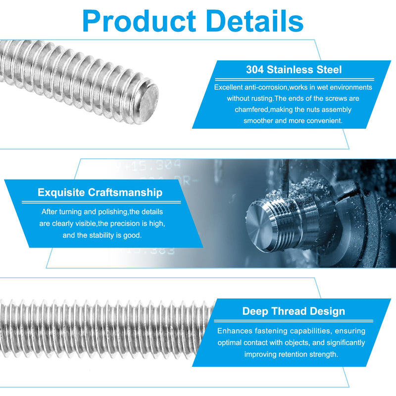 PATIKIL 1/4"-20 UNC 304 Stainless Steel Fully Threaded Rod, 10Pcs 2.8" Length Long Threaded Screw Right Hand Threads All Threaded Rod Studs for Anchoring Bolt, Clamps, Hangers and U-Bolts 1/4"-20 x 2.8"