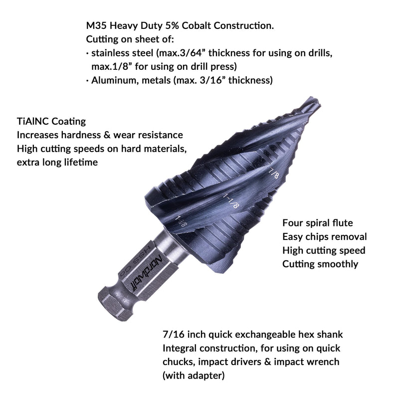 NordWolf HSS Cobalt Step Drill Bit, Four Spiral Flutes Impact Ready with 7/16" Hex Shank Unibit for Stainless Steel, Aluminum, Copper & Hard Metals, 19 SAE Step Sizes 3/16" to 1-3/8"