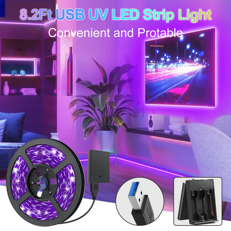 YGS-Tech 16.4FT UV Black Light LED Strip, 3528 385nm-400nm USB UV Light Strip, Non-Waterproof Blacklight Strip with Battery Box, for Fluorescent Dance Party Body Paint(2 Pack) Black Lights Strip