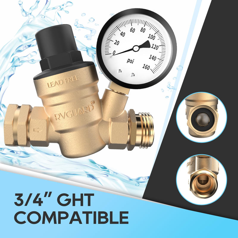 RVGUARD RV Water Pressure Regulator Valve, Lead-Free Brass Adjustable Water Pressure Reducer with Gauge and Inlet Screen Filter for RV Camper Travel Trailer