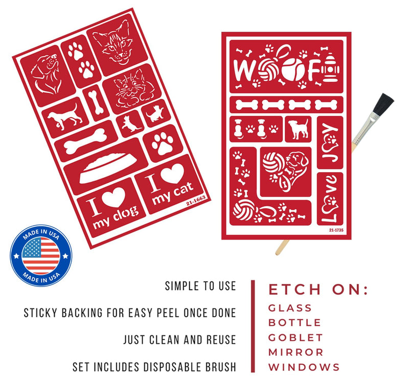 2 Glass Etching Stencils Reusable Template - Cat and Dog Stencils - Glass Etching Dogs Paw Print Etch Stencil, Puppies, Kittens Design - Self Stick Stencils Set with Brush