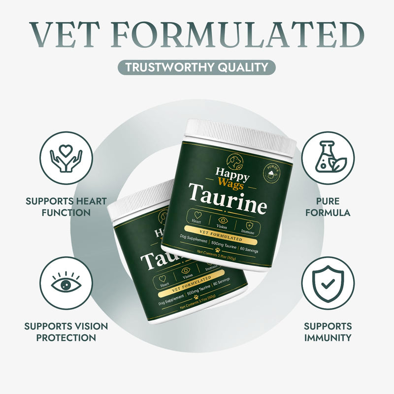 Happy Wags Taurine for Dogs - 500mg Taurine Powder Supplement for Heart, Vision, Immune & Healthy Aging Support, Tasteless Daily Dog Supplement, 100 Grams