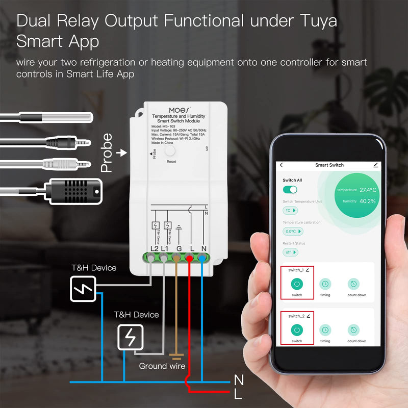 MOES WiFi Smart Temperature Switch Module Sensor with Waterproof Probe, Dual Relay Output Controller, Smart Life Tuya App Remote Control, Programmable Thermostats Kit Works with Alexa Google Assistant Switch Module + Waterproof Temperature Probe