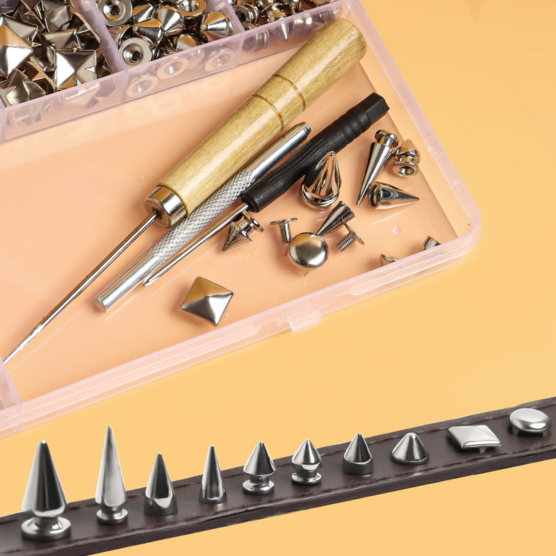 SBYURE 550 Pieces Punk Studs and Spikes Kit,8 Size Punk Spikes and Square/Round Pyramid Studs for Clothes, Spikes for Crafts Punk Style, Included 3 Pack Tools
