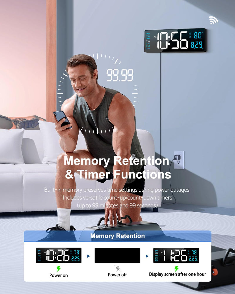 Digital Wall Clock, 16" Large Display Digital Clock with Night Light, Wall Clock with DST, Alarm, LED, Date, Week, Temp for Living Room, Bedroom, Classroom Decor, Birthday Gift for Senior Mom Dad Blue