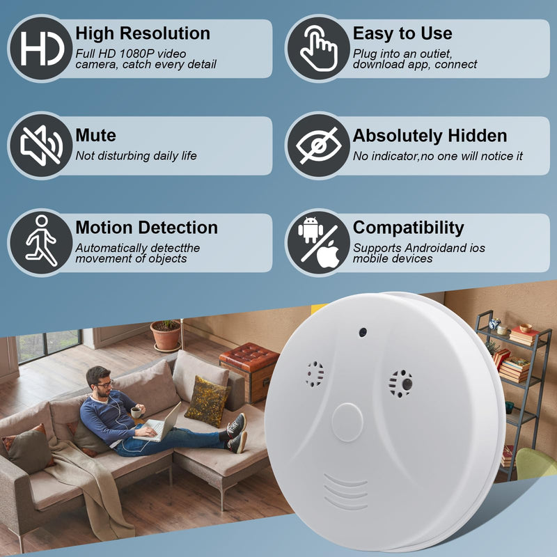Hidden Camera Smoke Detector Video Small Cam 1080P HD Wireless WiFi Camera with Night Vision & Motion Detection Indoor Security Camera