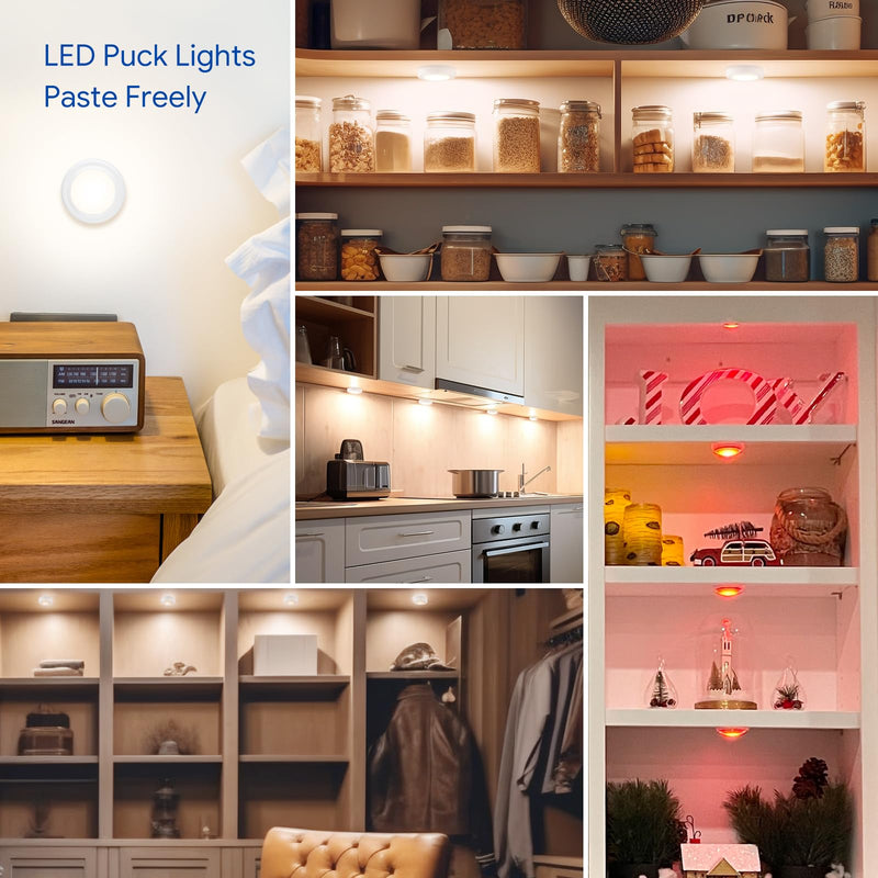 Yiliaw 12 Pack LED Puck Lights Remote Control 16 Color Changeable Under Cabinet Lights, Battery Operated Lights Night Light with Dimmer & Timmer for Closet Bedroom Kitchen, White 12 Packs