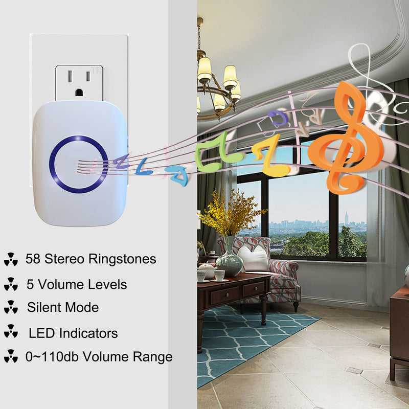 Wireless Doorbell, 1,000ft Range Loud Enough Doorbell Chime，5 Volume Levels and 52 Door Chimes With LED Flashing (White Big Button) White Big Button
