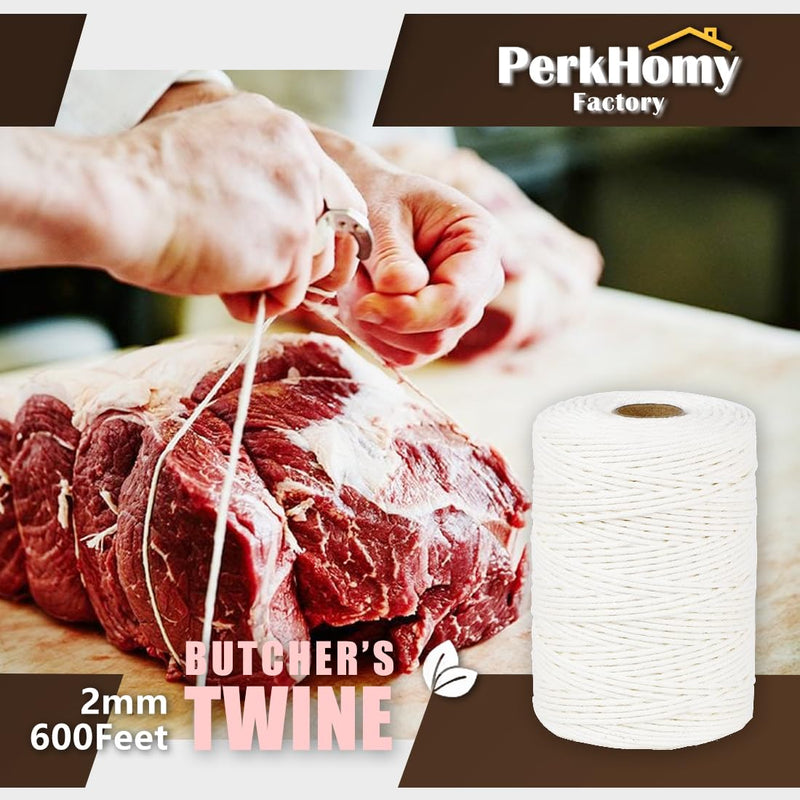 SMART&CASUAL 600 Feet 2mm Cotton Butcher Twine String Soft Food Safe for Cooking Craft Baker Kitchen Meat Turkey Sausage Roasting Gift Wrapping Gardening Crocheting Knitting Natural White