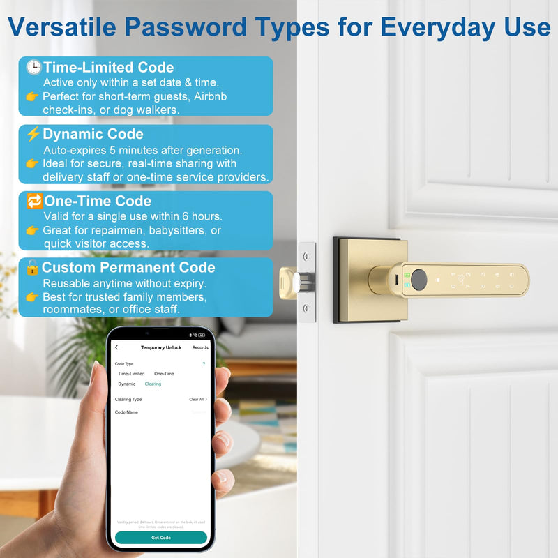 Gold Fingerprint Door Lock Smart Finger Print Door Knob Keyless Bedroom Door Lock with Keypad App Control Easy Installation for Home Bedroom Office,2 Fob Cards 2 Fob Cards Gold Fingerprint Door Knob