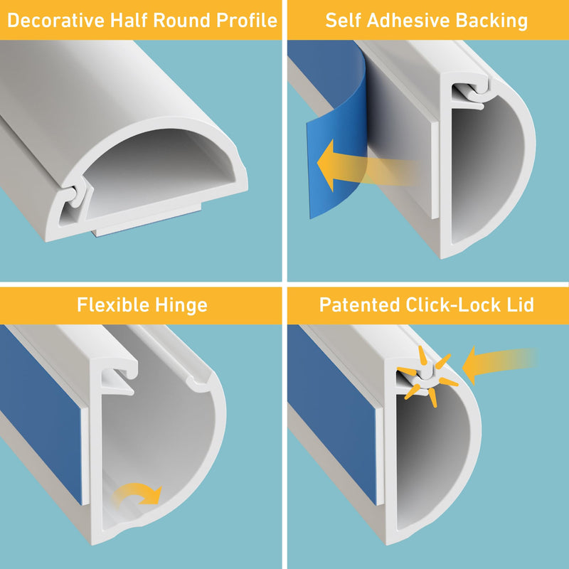 D-Line 13.12ft Cord Hider Kit, Patented Cable Cover, Hide Wires on Wall, Channel for TV Mount Cords, Raceway Wire Hiders, Paintable, Adhesive, Half Round, 4X 0.78in W x 0.39in H x 39in Lengths, White Small (Micro+)