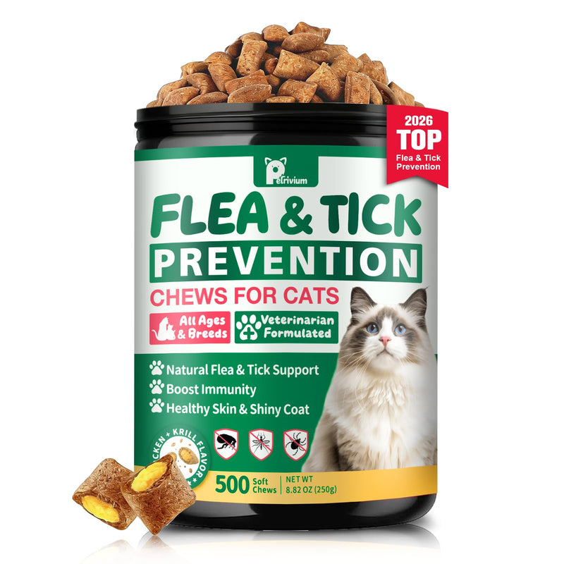 Flea and Tick Prevention for Cats, 500 Cat Flea Treatment, Natural Oral Flea Treatment for Cаts with Vitamins - Supports Skin & Coat, Digestive Health for All Breeds & Ages, Chicken Flavor