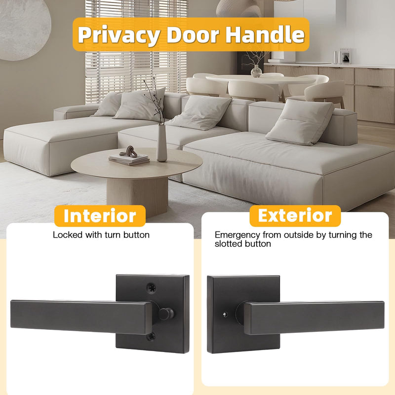 2 Pack Privacy Door Handle,Keyless Matte Black Interior Door Knob,Heavy Duty Door Lever Hardware for Bedroom/Bathroom,Reversible for Left & Right 2