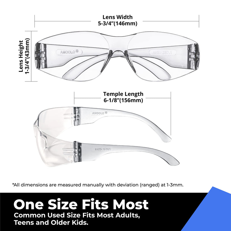 amoolo Clear Safety Glasses Bulk of 24, Protective Eyewear for Men Women, ANSI Z87.1 Impact Resistant Eye Protection for Work, Lab, Construction 24 Pack Clear / Adult's Size