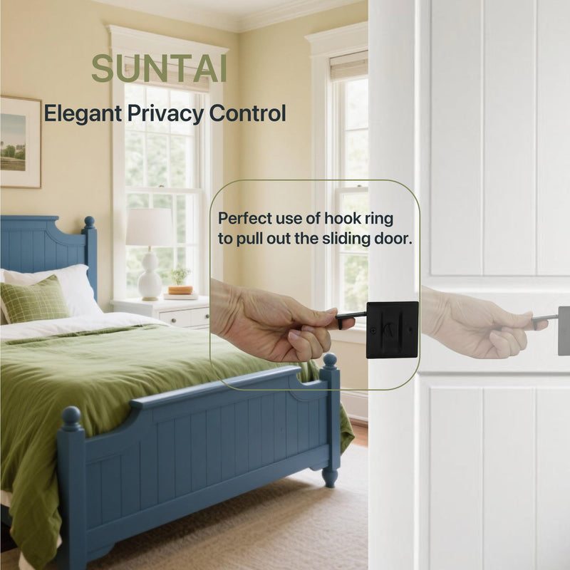 SUNTAI Privacy Sliding Door Lock with Pull, Solid Brass Pocket Door Privacy Lock, 2-3/4”x2-1/2”, for 1-3/8” Thickness Door, Matte Black, 4 Pack