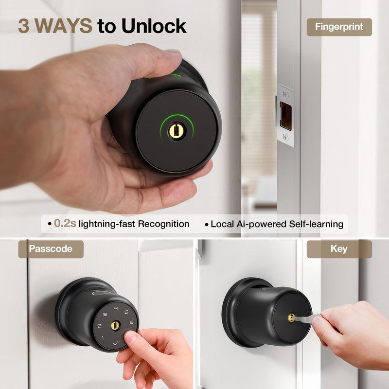 Fingerprint Door Knob Lock with Keypad Biometric Door Knob Auto-Lock 4* AAA Alkaline Batteries Interior Door Lock for Bedroom, Garage, Office, Pantry Door G1 Black