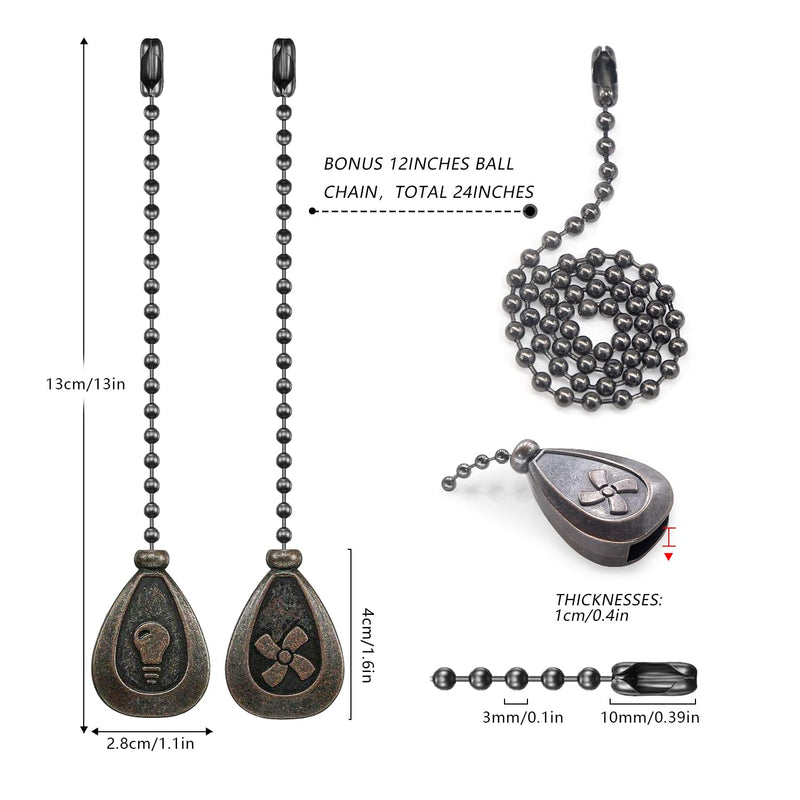 Bronze Ceiling Fan Pull Chain Set, Decorative Fan Pull Chain Pendant Extension, 12 Inches Lighting & Fan Beaded Ball Chain Extender with Connector (2 Pack) 2 Pack