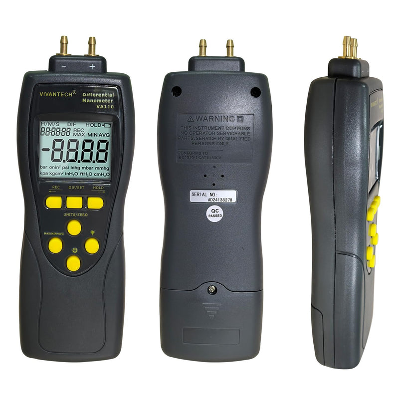 VA110 Manometer HVAC Gas Pressure Tester Pressure Differential Gauge – 35PSI/241.3kPa High Accuracy Meter with Data Storage, Auto Shut-Off, and Backlit LCD for Automotive & HVAC Systems