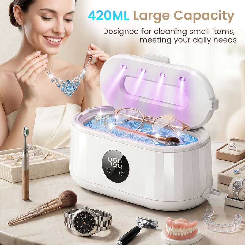 Ultrasonic Jewelry Cleaner, 50kHz Ultrasonic Cleaner Machine for Jewelry, Eyeglass, Retainers,Watch Strap, Rings,420ml 304 Stainless Steel Tank, 5 Timer Modes & LED Digital Display (White) White