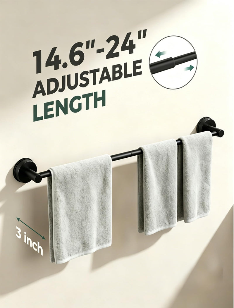 14.6 to 24 Inches No Drill Suction Cup Towel Bar for Shower Glass Door & Tile Wall, Stainless Steel Wall Mounted Towel Rack，Removable Bathroom Organizers & Storage for Renters Apartment (Matte Black)