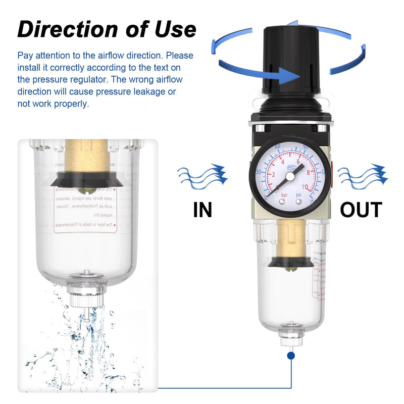 1/4"NPT Air Filter Regulator Combo Piggyback,5 Micron Brass Element, Manual Drain,Air Pressure Regulator AW2000-02,0-150 psi Gauge 1/4"NPT Manual