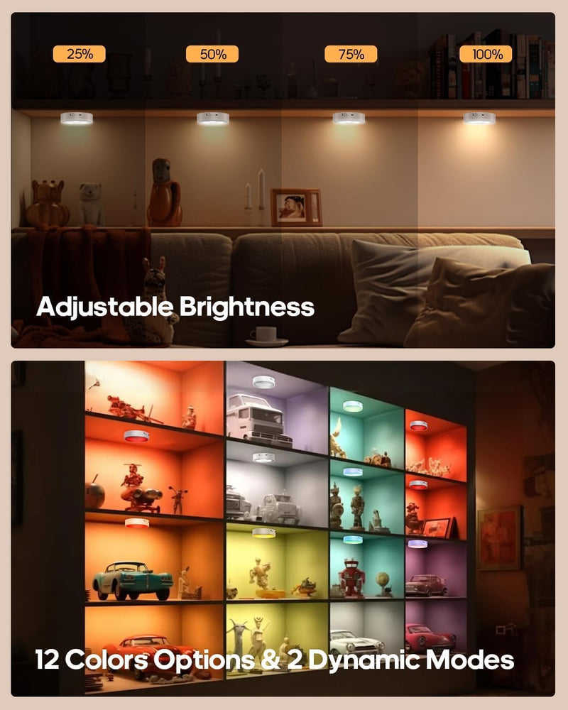 Puck Lights with Remote, 13 RGB Colors LED Under Cabinet Lights, Rechargeable Baterry Operated Under Cabinet Lighting Tap Lights, Stick on Lights with Dimmer and Timer（3 Pack） Multicolor 3 Pack