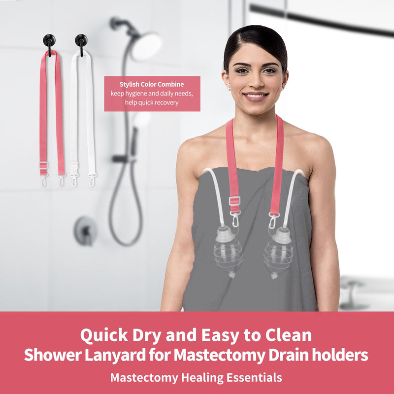 Shower Lanyard for Mastectomy Drain Holder with Hook 2PCS Quick Dry JP Drain Holders for After Breast Surgery Skin Friendly Drain Holder After Tummy Tuck Adjustable Mastectomy Recovery Supplies White and Pink