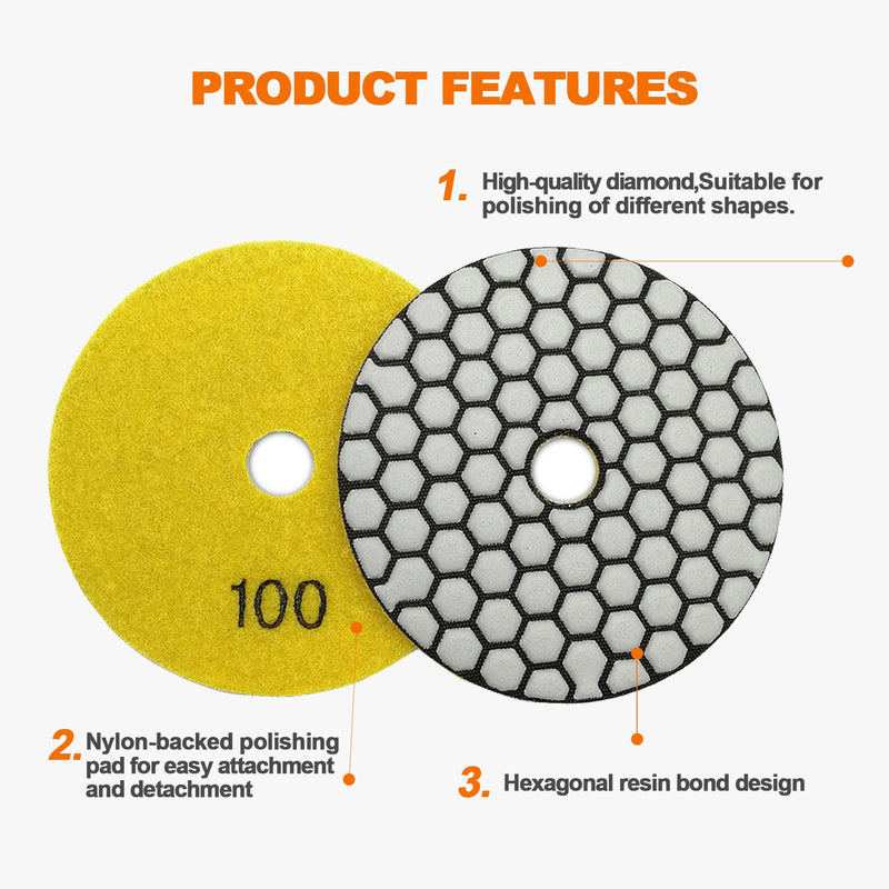 Dry Diamond Polishing Pads Set 4 Inch Grit 50x3/100x2/200/400/800 - Dry Polish Pad Kit 8pcs for Granite Marble Concrete Quartz Marble Floor Polishing Plus 5/8-11 Plastic Backer and Adapter