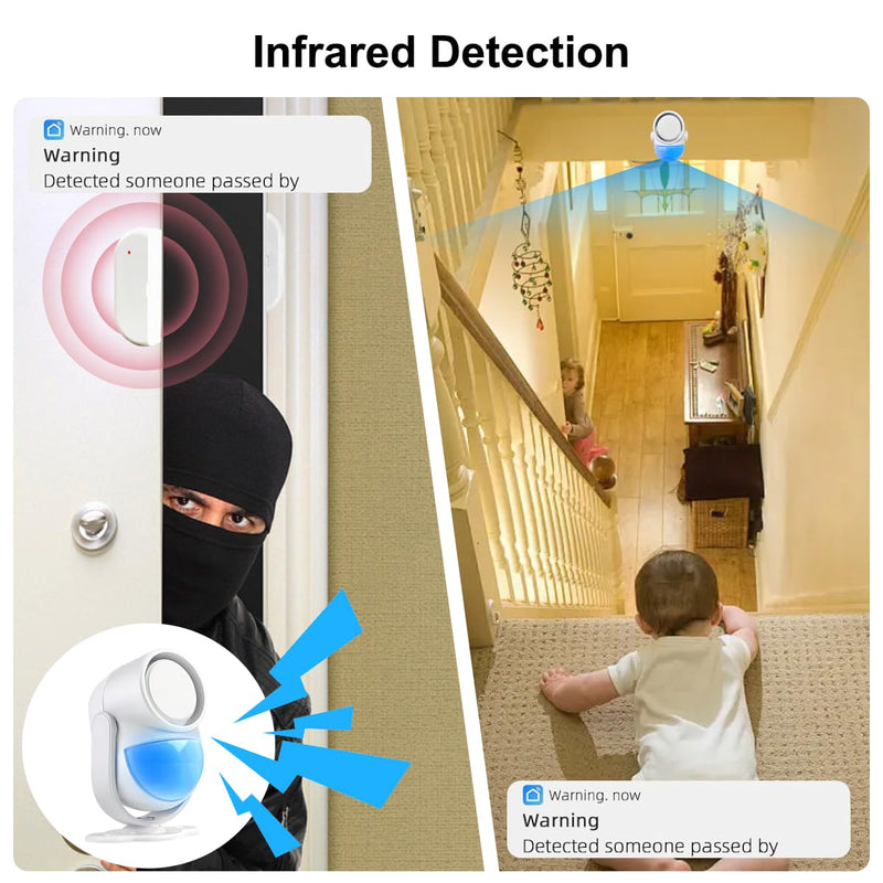 Motion Sensor Alarm - Driveway Alarm with 4 Door Window Sensors and 2 Remotes, with APP Alerts WiFi PIR Motion System Detector, for Home, Garage, Ranch, Van, Carport, Shop , 120dB Extra Loud White