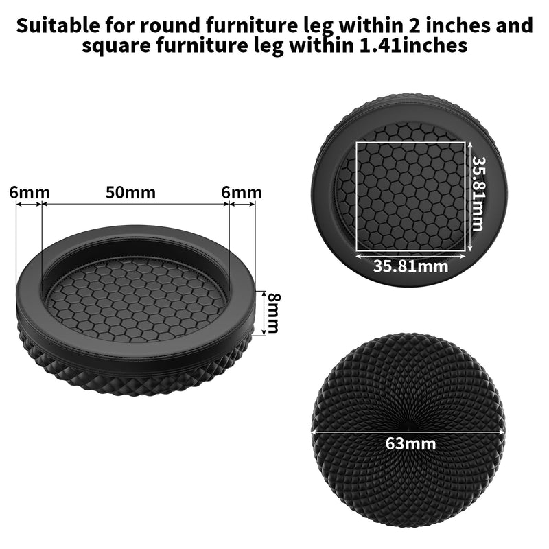 YSD Non Slip Furniture Caster Cups, 12 PCS 50 MM Anti-Sliding Furniture Pads Bed Couch Stopper Floor Protectors with Grip - Black Round Furniture Coasters 50MM